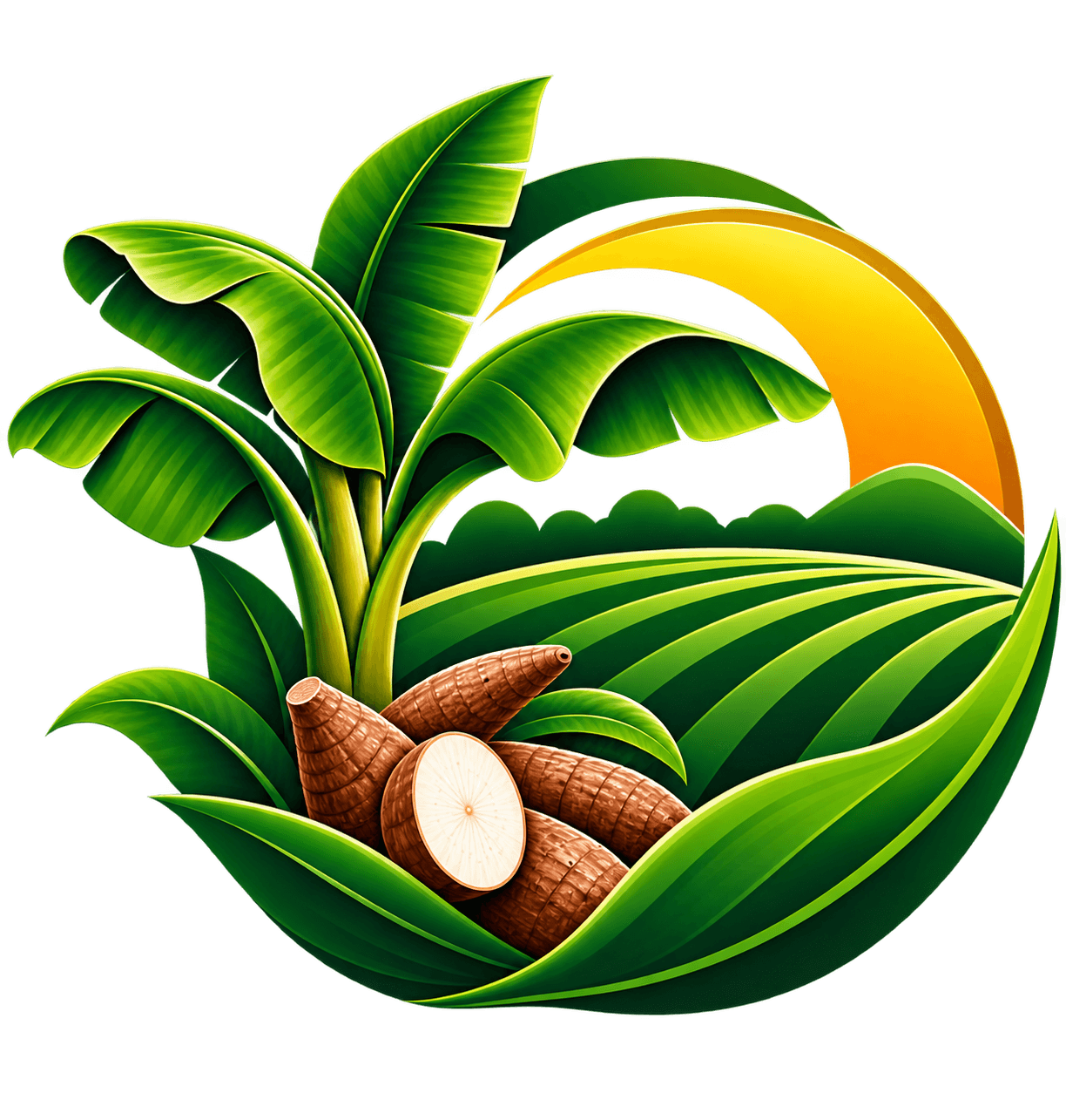 Foltimaj logo depicting plantain, cassava, agricultural fields and sunrise